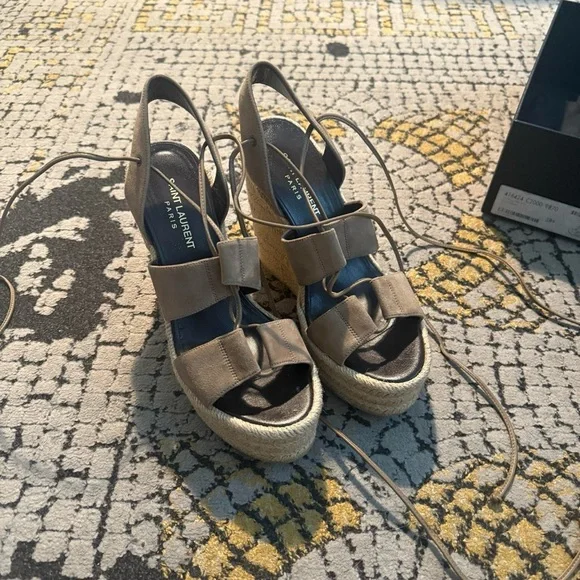 Saint Laurent Beige Espadrille Wedges
